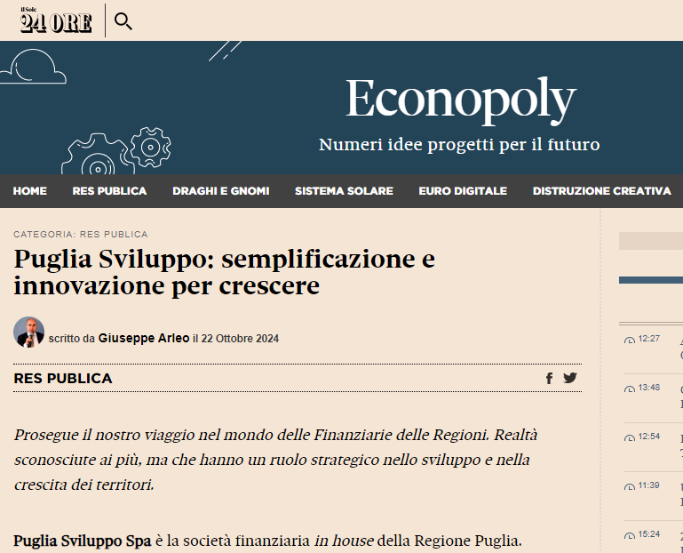 Risultati e prospettive di Puglia Sviluppo sul Econopoly, il blog del Sole 24 Ore