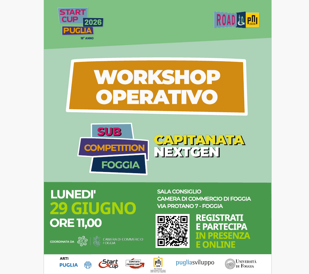 Capitanata NextGen, la Sub Competition di Foggia per la partecipazione alla Start Cup Puglia 2026: lunedì 29 giugno un workshop operativo per il supporto alle candidature